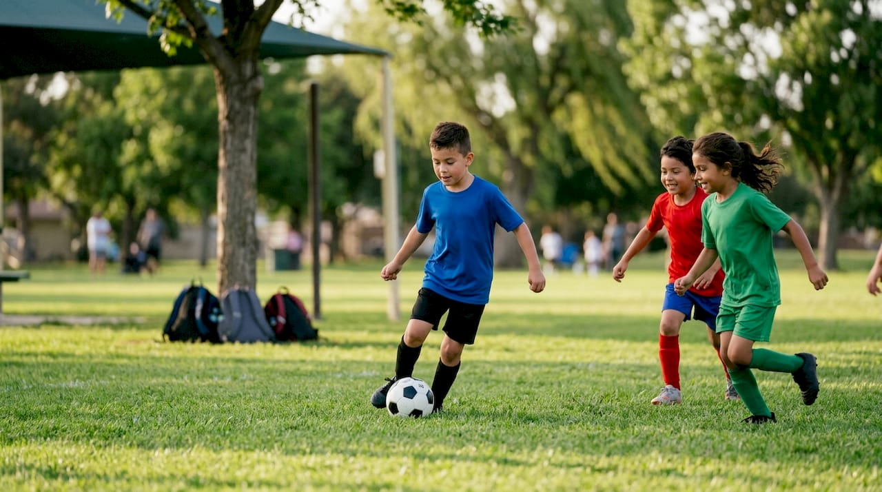 Children playing team sports outdoors