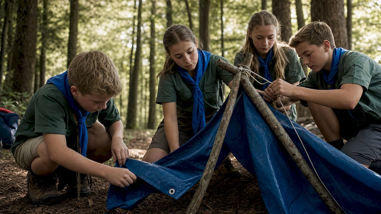 Youth scouts tying knots outdoors