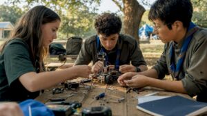 Youth hands assembling robot parts